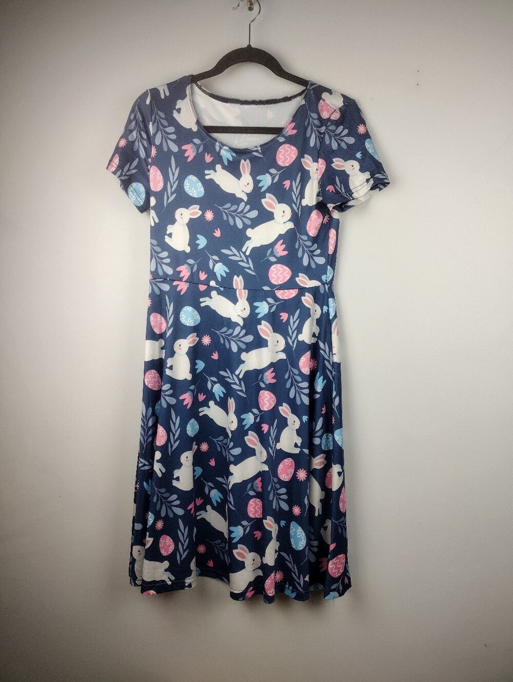 Navy Easter Eggs Bunny Print Short Sleeve Dress girl's size M